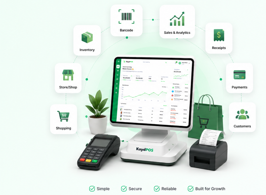 KaydPOS point-of-sale ecosystem: dashboard, inventory, barcode scanning, sales analytics, receipts, payments, customers, store management and connected hardware